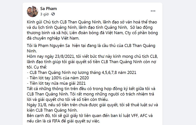 Tiền vệ Nguyên Sa gửi "tâm thư"... đòi nợ trên trang cá nhân