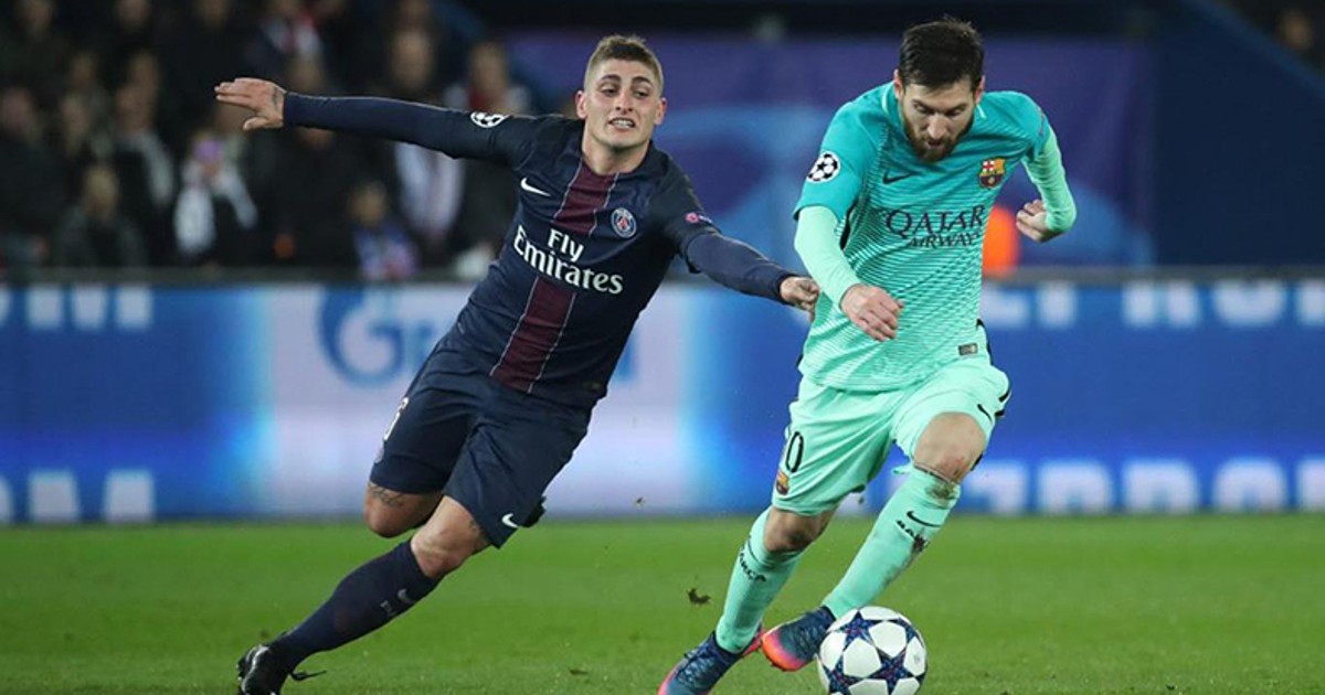 Verratti trong một pha bóng tranh chấp với Messi