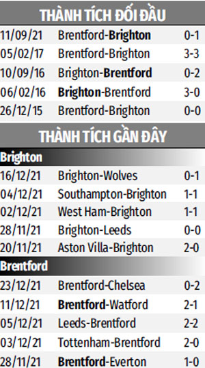 THÀNH TÍCH GẦN ĐÂY BRIGHTON VS BRENTFORD