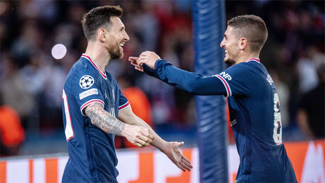 Tiền vệ Marco Verratti (phải) và tiền đạo Lionel Messi đã chơi rất hay trong trận PSG hạ Reims tới 4-0