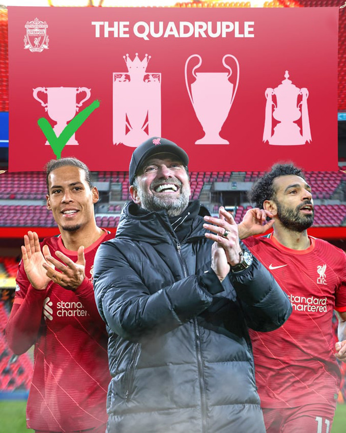 Liverpool mới chỉ có 1 danh hiệu League Cup trên hành trình giành cú ăn bốn