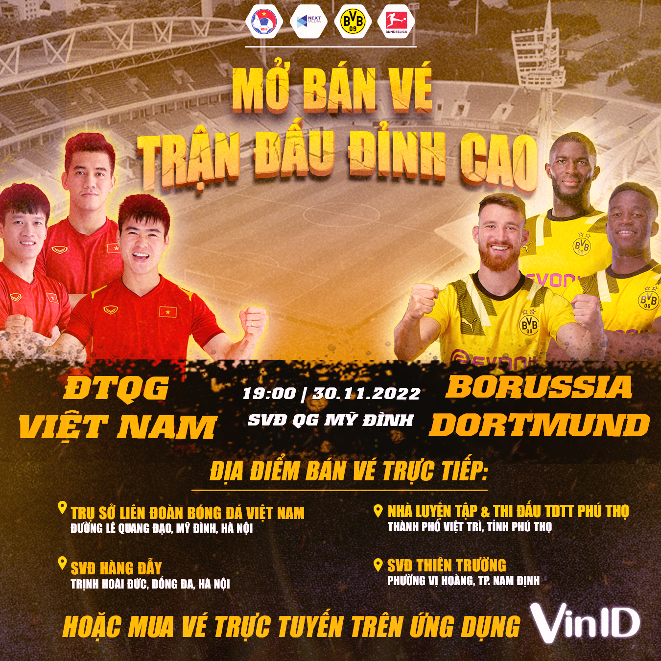 Trận Việt Nam vs Dortmund được mở bán vé trực tiếp tại 3 thành phố