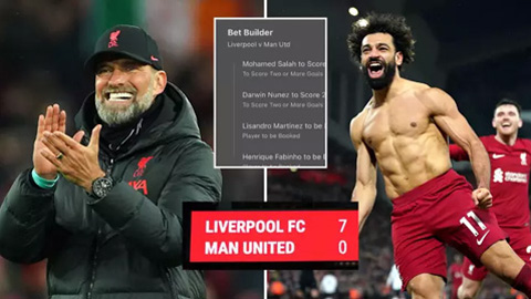 Cổ động viên Liverpool thắng cược 1.000/1 trận Liverpool 7-0 Man United