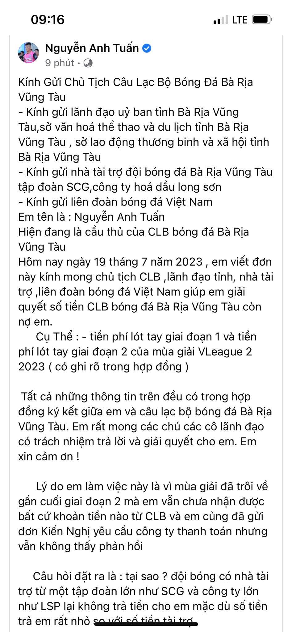 Cầu thủ Bà Rịa Vũng Tàu kêu cứu trên trang cá nhân