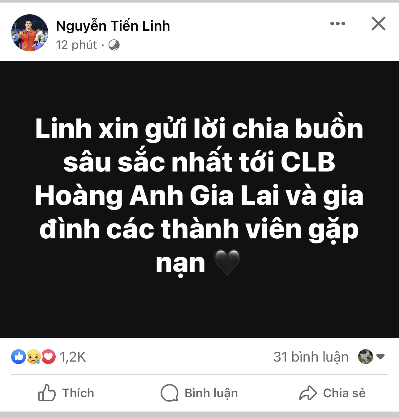 Tiền đạo Tiến Linh đã gửi lời chia buồn đến các thành viên gặp nạn.